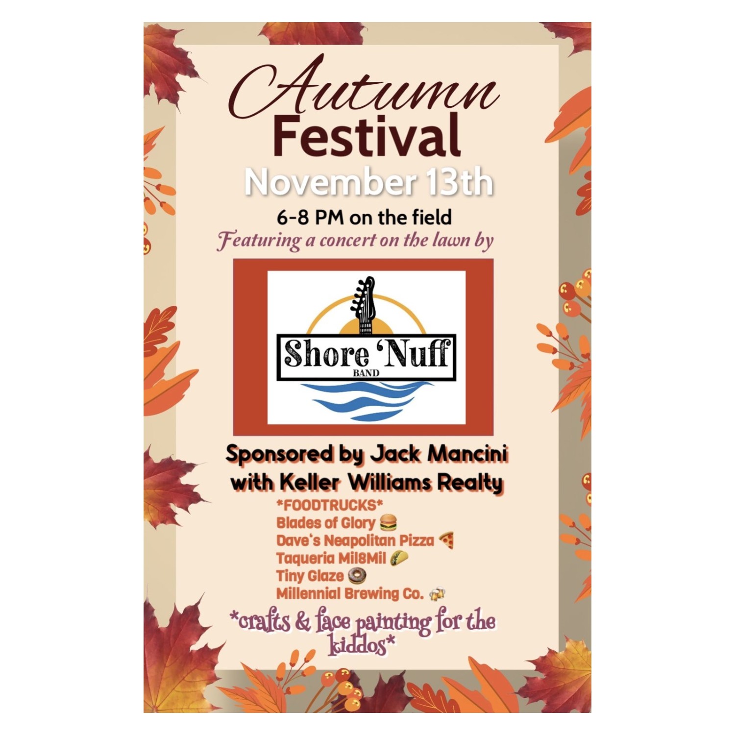 Autumn Festival flyer for November 13 concert on the field with Shore 'Nuff Band