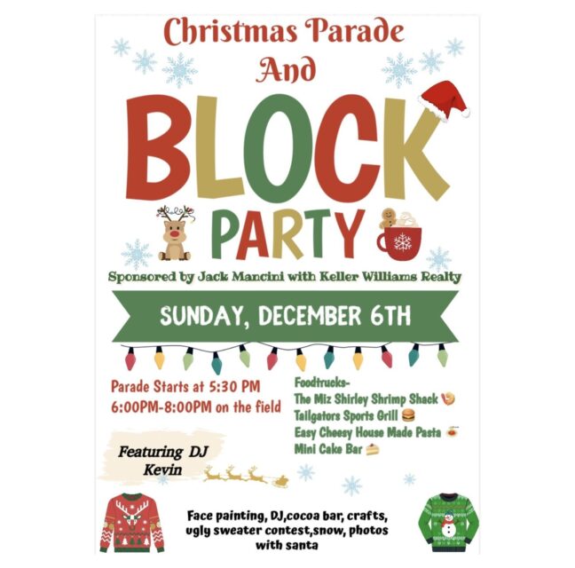 Christmas Parade and Block Party flyer for Sunday, December 6 at Stoneybrook