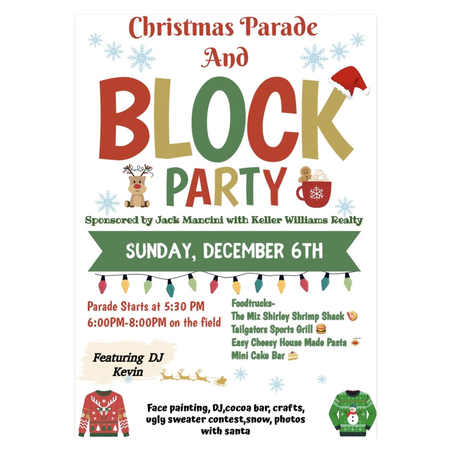 Christmas Parade and Block Party flyer for Sunday, December 6 at Stoneybrook