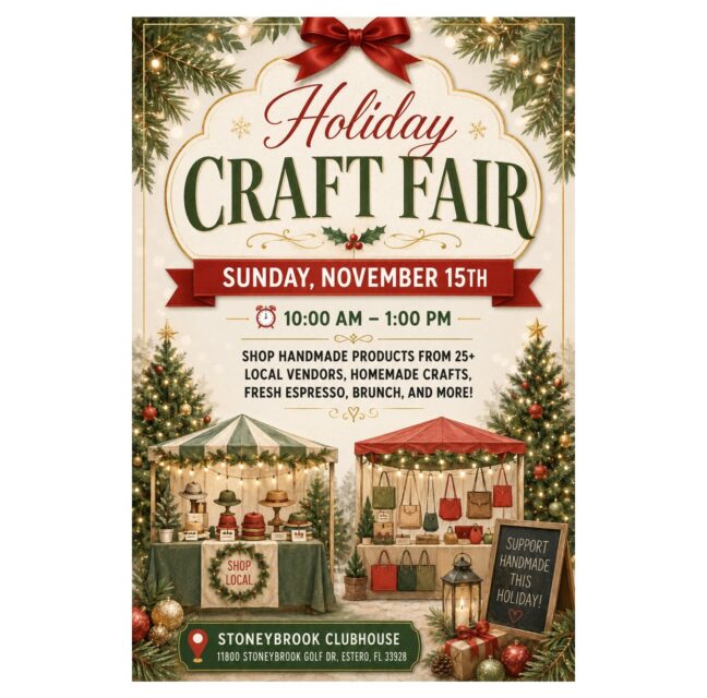 Holiday Craft Fair flyer for Sunday, November 15 at the Stoneybrook Clubhouse