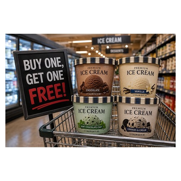 Buy One Get One Free sign beside ice cream cartons in a grocery cart