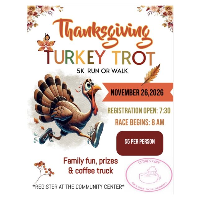 Thanksgiving Turkey Trot 5K flyer for November 26, 2026 at Stoneybrook