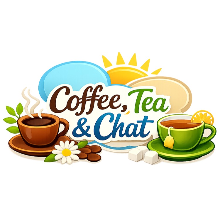 Coffee, Tea & Chat logo with a coffee cup, teapot and sunrise