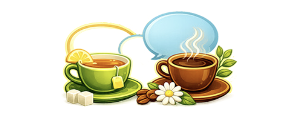 Coffee and tea cups with two speech bubbles above them