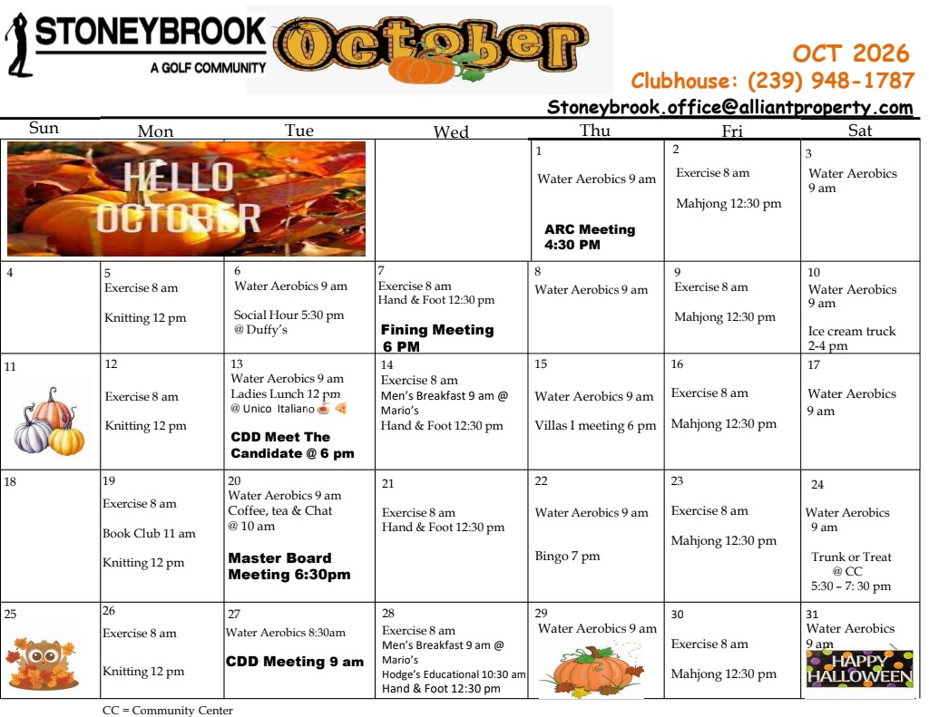 Stoneybrook October 2026 community activity calendar