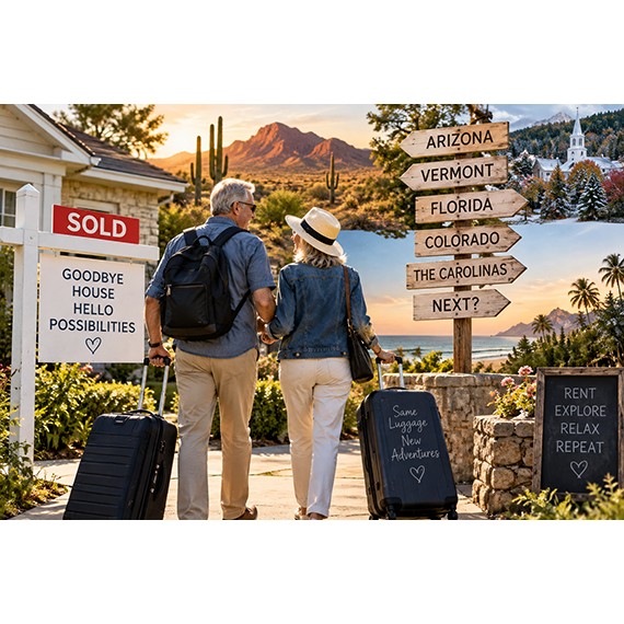 Retired couple with luggage passing a sold sign and a signpost of state names