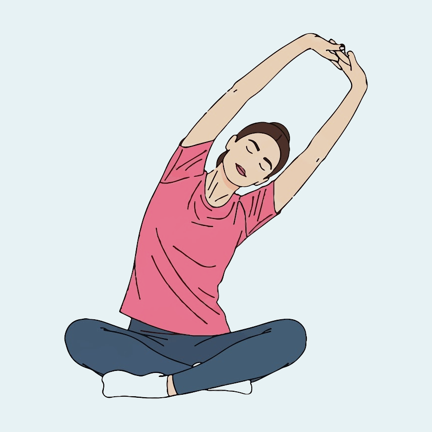 Illustration of a woman sitting cross-legged doing an overhead side stretch